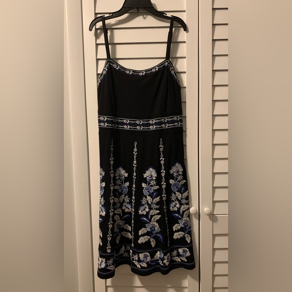 Elegant Black and Blue Floral Dress, INC size M, Embroidered